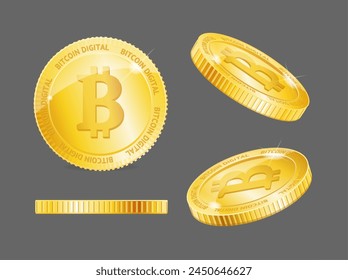 Realistic Detailed 3d Gold Bitcoin Different Types Set Finance Concept. Vector illustration of Golden Cryptocurrency Coins