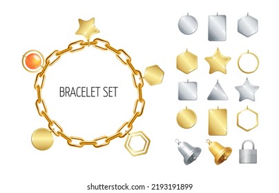 Realistisches 3D-Gold-Kettenarmband mit Anhängern Verschiedene Typen Set-Mode-Zubehör. Vektorgrafik von Luxusschmuck