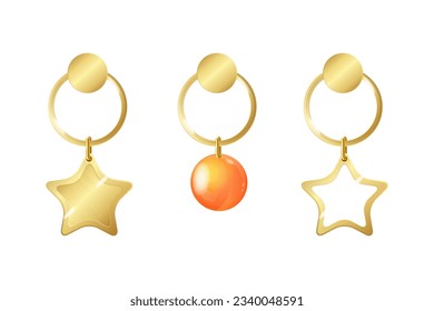 Realistic Detailed 3d Gold Earrings Woman Accessories Set with Pendants Star and Precious Stone. Vector illustration of Dangle Earring