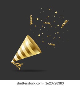 Realistic Detailed 3d Gold Hat Party and Golden Confetti, Streamer on a Black Background Celebration Concept. Vector illustration