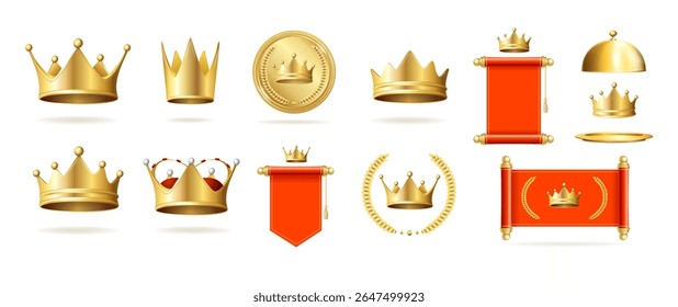 Realistic Detailed 3d Gold Royal Objects Set Include of Golden Crown and Flag. Vector illustration of Crowns
