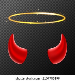 Realistische, detaillierte 3D-Golden Angel Ring und Rote Teufel Horns auf transparentem Hintergrund. Vektorgrafik