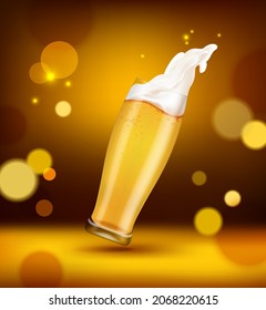 Realistic Detailed 3d Golden Beer Glass with Splashes on Amber Background for Marketing amd Promotion. Vector illustration