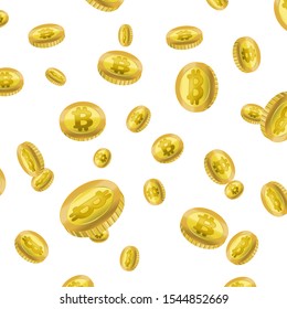 Realistic Detailed 3d Golden Bitcoins Different Type Seamless Pattern Background Cryptocurrency Concept. Vector illustration of Virtual Bitcoin Blockchain Technology