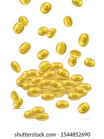 Realistic Detailed 3d Golden Bitcoins Different Type Falling Cryptocurrency Concept. Vector illustration of Virtual Bitcoin Blockchain Technology