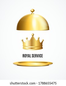 Gratuita 3d Golden Crown, bandeja de bienvenida abierta y concepto de servicio de lujo real. Ilustración del vector