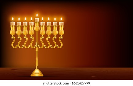 Realistische, detaillierte 3d Goldene Menorah mit Burning Candle jüdische Tradition. Vektorillustration-Illustration von Hanukkah Holiday Concept