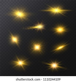 Realistic Detailed 3d Golden Star Light Sparkles Set on a Dark Background. Vector illustration of Magic Glittering Bright Effect