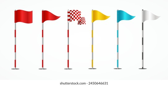 Realistic Detailed 3d Golf Flags Different Types Set Isolated on a White Background Sport Competition Element. Vector illustration of Golf Flag