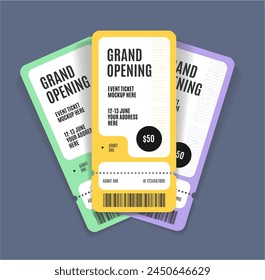 Realistic Detailed 3d Grand Opening Event Three Tickets Mockup Set. Vector illustration of Ticket Document Concept