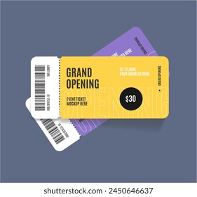 Realistische detaillierte 3D Grand Opening Event Zwei Tickets Mockup Set. Vektorillustration des Ticketdokumentkonzepts