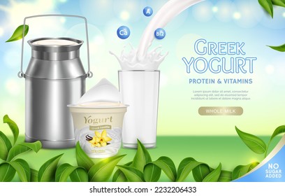 Realistic Detailed 3d Greek Yogurt Protein and Vitamins Ads Banner Concept Poster Card. Vector illustration of Yoghurt