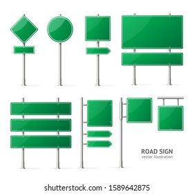 Realistic Detailed 3d Green Blank Road Sign Empty Template Mockup Set For Ad Design. Vector Illustration