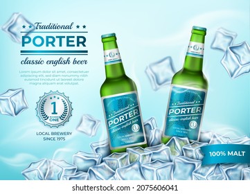 Realistic Detailed 3d Green Glass Beer Bottle in Frozen Ice Cubes Ads Banner Concept Poster Card. Vector illustration