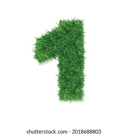 Realistic Detailed 3d Green Grass Number One Symbol of First Winner or Success. Vector illustration of Numeral of Natural Grassy Texture