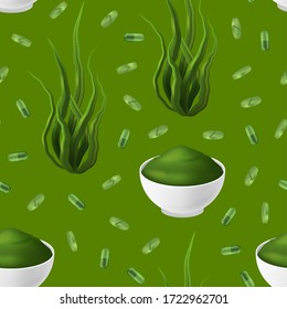 Realistic Detailed 3d Green Spirulina Seamless Pattern Background Include of Seaweed, Tablet, Pill and Powder in Bowl. Vector illustration