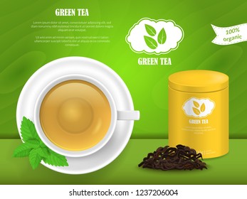 Realistic Detailed 3d Green Tea Promotion Concept Card Herbal Hot Drink with Mint and Package. Vector illustration