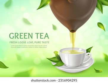 Realista Detallado Té Verde Tercero Fresco de Hoz Perdida Pura de Sabor Cartel de Cartel con Té Tirando Té en la Copa. Ilustración del vector