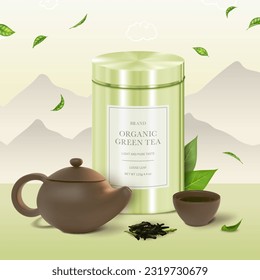 Realistic Detailed 3d Green Tea Finest Loose Leaf Concept Background with Metal Tin Mockup, Kettle and Cup. Vector illustration