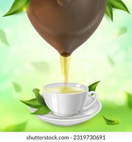 Realistic Detailed 3d Green Tea Fresh Loose Leaf Pure Taste Concept Background with Teapot Pouring Tea into Cup. Vector illustration