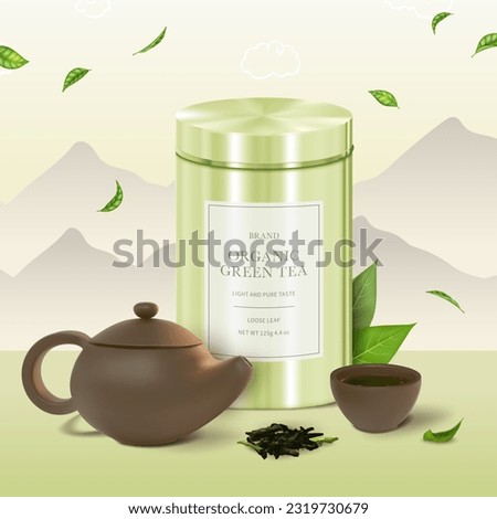 Realistic Detailed 3d Green Tea Finest Loose Leaf Concept Background with Metal Tin Mockup, Kettle and Cup. Vector illustration