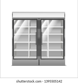 Realistic Detailed 3d Grey Supermarket Freezer Refrigerator for Fresh Food and Drink. Vector illustration of Fridge Shop Equipment