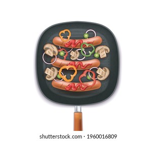 Pan 3d de parrillada realista y detallado con salchichas, champiñones y verduras aisladas en un fondo blanco. Ilustración del vector