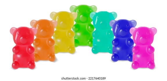 Realistic Detailed 3d Gummy Bears Set Tasty Candy. Vector illustration of Jelly Bear in Rainbow Colors