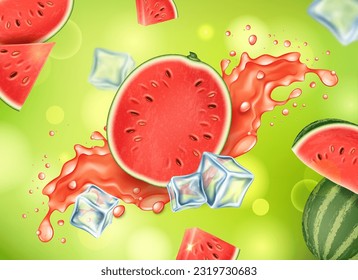 Realistic Detailed 3d Half Fresh Watermelon with Splash and Ice Cubes Juice Freshness Drink Concept Background. Vector illustration