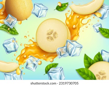 Realistic Detailed 3d Half Fresh Melon with Splash and Ice Cubes Juice Freshness Drink Concept Background. Vector illustration
