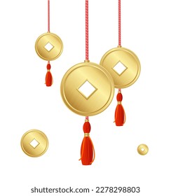 Realistic Detailed 3d Hanging Asian Lucky Coins with Tassels. Vector illustration of Good Luck and Success Concept