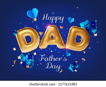 Realistic Detailed 3d Happy Fathers Day Concept Poster Greeting Card with Gold Letters Balloons. Vector illustration of Dad Holiday