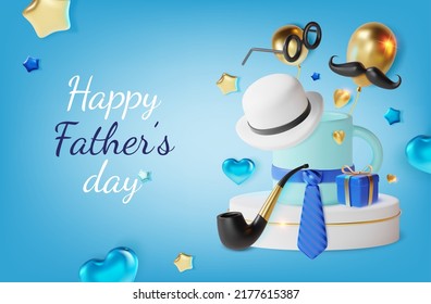 Realistic Detailed 3d Happy Fathers Day Concept Poster Greeting Card on a Blue. Vector illustration of Dad Holiday