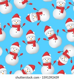 Realistic Detailed 3d Happy Snowman in Red Hat, Scarf and Mittens Seamless Pattern Background Symbol of Winter Celebration. Vector illustration