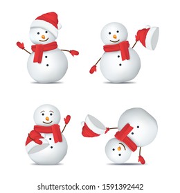 Realistic Detailed 3d Happy Snowman in Red Hat, Scarf and Mittens Set Symbol of Winter Celebration. Vector illustration