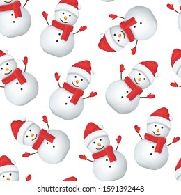 Realistic Detailed 3d Happy Snowman in Red Hat, Scarf and Mittens Seamless Pattern Background on a White Symbol of Winter Celebration. Vector illustration