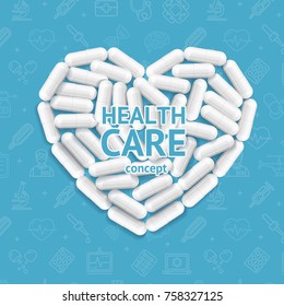 Realistic Detailed 3d Health Care Concept Medical Pills Set and Diagnostic Outline Icons on a Blue. Vector illustration