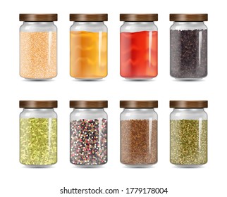 Realistic Detailed 3d Herbs Spices Jars Set Include of Pepper and Cumin. Vector illustration of Condiment Jar