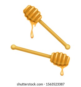 Realistic Detailed 3d Honey Dripping from Wooden Dipper Set Different View. Vector illustration of Stick for Liquid Sweet Dessert