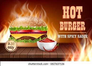 Realistic Detailed 3d Hot Burger Ads Banner Poster Card Fast Food Concept. Vector illustration of Fastfood