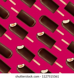 Realistic Detailed 3d Ice Cream Chocolate Cold Dessert on Wooden Stick Seamless Pattern Background. Vector illustration of Icecream Sweet Food