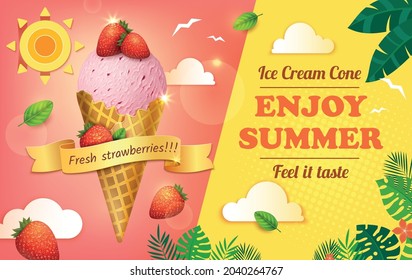 Realistic Detailed 3d Ice Cream with Strawberry Enjoy Summer Ads Banner Concept Poster Card. Vector illustration of Icecream