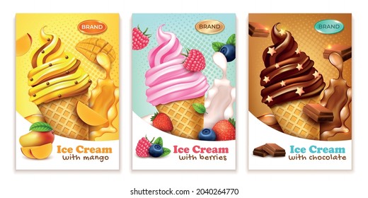 Realistic Detailed 3d Ice Cream Cone Ads Banner Concept Poster Card Set. Vector illustration of Icecream with Sweet Mango, Berries and Chocolate