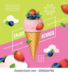 Crema De Hielo 3d Gratuita En Verano Disfruta De Cartel De Cartel De Cartel De Concepto De Anuncio. Icecream vectorial con arándanos y fresas