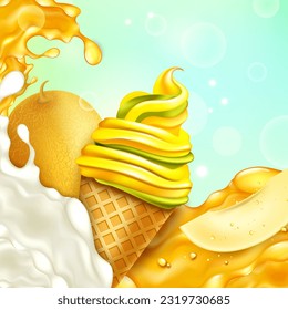 Realistic Detailed 3d Ice Cream Sweet Melon Concept Background. Vector illustration of Cantaloupe Soft Icecream Cone with Splash