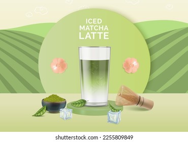 Realistic Detailed 3d Iced Matcha Latte Ads Banner Concept Poster Card. Vector illustration of Japanese Beverage