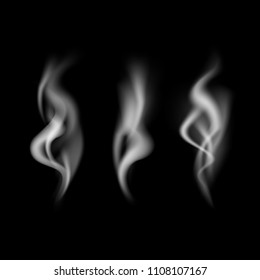 Realistic Detailed 3d Images Smoke Vapor Texture Set on Dark Background Smoking Elements. Vector illustration of Fog Motion Effect