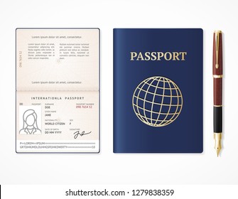 Realistic Detailed 3d International Passport Blank Empty Template Mockup and Fountain Pen Document for Travel. Vector illustration