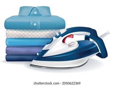 Realistic Detailed 3d Iron and Stack of Ironed Clothes Isolated on a White Background. Vector illustration