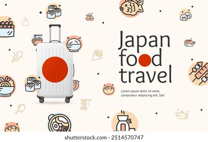 Realistic Detailed 3d Japan Food Travel and Tourism Ads Banner Concept Poster Card. Vector illustration of Suitcase with Japanese Flag and Oriental Meal